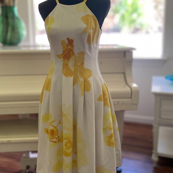 Calvin Klein Yellow Fit Flare Floral Dress - Picture 1 of 2